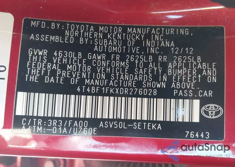 2013 Toyota Camry L из США, поврежденный, VIN 4T4BF1FKXDR276028